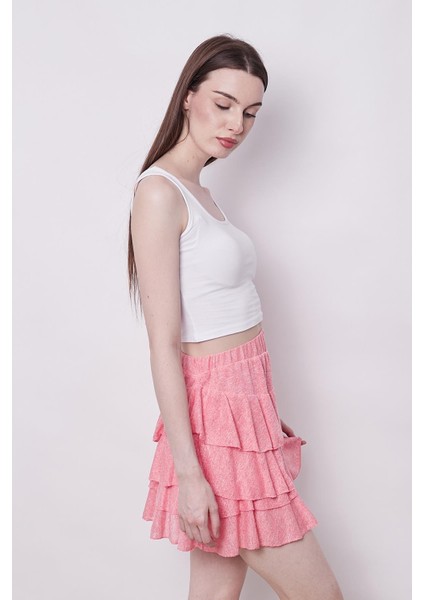 Yazlık Kumaş Fırfırlı Diz Üstü Mykonos Etek-Mercan indirimleri