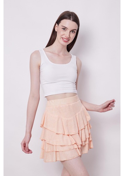 Yazlık Kumaş Fırfırlı Diz Üstü Mykonos Etek-Pudra