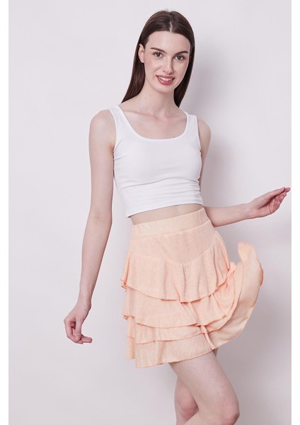 Yazlık Kumaş Fırfırlı Diz Üstü Mykonos Etek-Pudra fiyatları