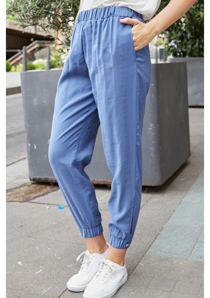 Kadın Ipeksi Modal Kumaş Yüksek Bel Yan Cepli Paçası ve Beli Lastikli Havuç Kesim Pantolon-Indigo fiyatları