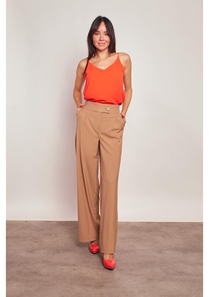 Yüksek Bel Cepli Bol Paça Pileli Palazzo Şık Kumaş Pantolon-Camel