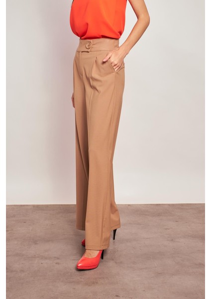 Yüksek Bel Cepli Bol Paça Pileli Palazzo Şık Kumaş Pantolon-Camel fiyatları