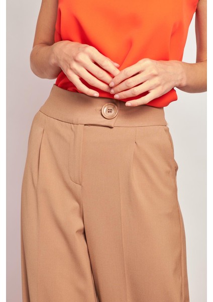 Yüksek Bel Cepli Bol Paça Pileli Palazzo Şık Kumaş Pantolon-Camel modelleri