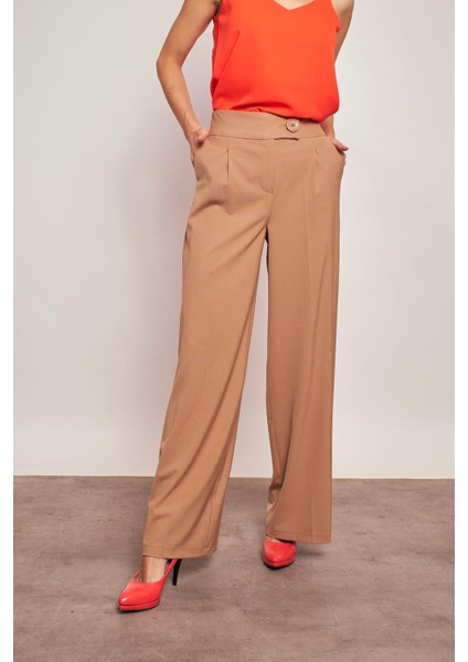 Yüksek Bel Cepli Bol Paça Pileli Palazzo Şık Kumaş Pantolon-Camel fırsatları