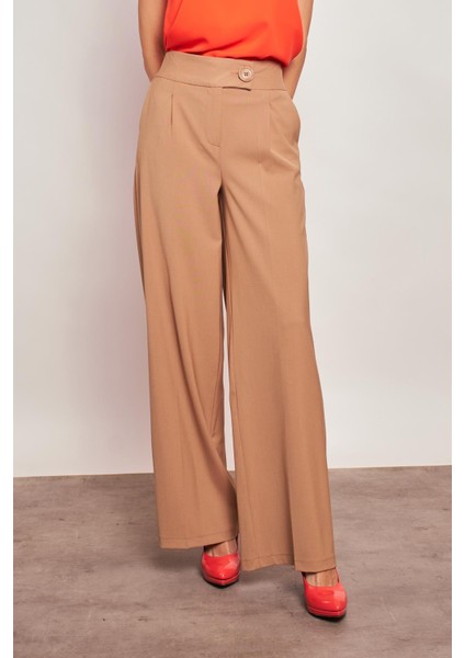 Yüksek Bel Cepli Bol Paça Pileli Palazzo Şık Kumaş Pantolon-Camel indirimleri