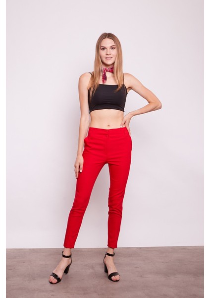 Yüksek Bel Kalın Kemerli Cepli Dar Paça Bilek Boy Pamuklu Likralı Kumaş Pantolon-Kırmızı fiyatları