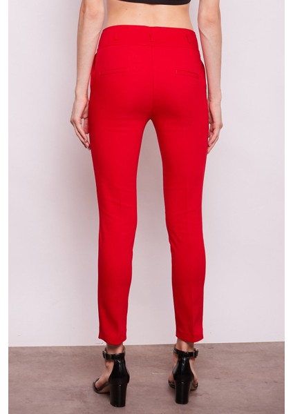 Yüksek Bel Kalın Kemerli Cepli Dar Paça Bilek Boy Pamuklu Likralı Kumaş Pantolon-Kırmızı modelleri