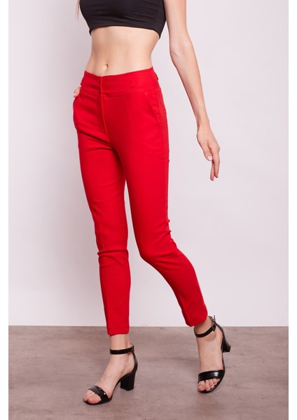 Yüksek Bel Kalın Kemerli Cepli Dar Paça Bilek Boy Pamuklu Likralı Kumaş Pantolon-Kırmızı fırsatları