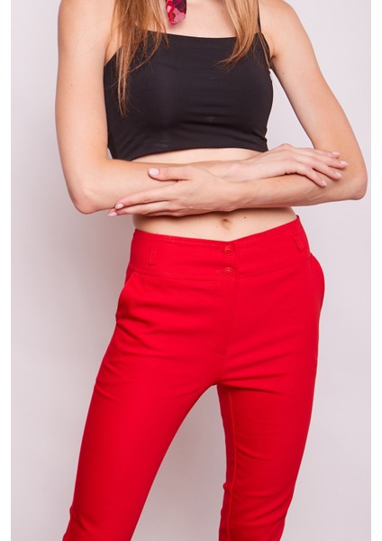 Yüksek Bel Kalın Kemerli Cepli Dar Paça Bilek Boy Pamuklu Likralı Kumaş Pantolon-Kırmızı indirimleri