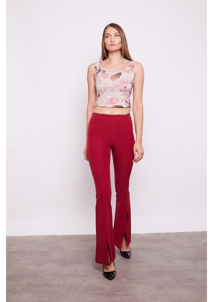 Kadın Yüksek Bel Önü Dikişli Yırtmaçlı Ispanyol Paça Likralı Kumaş Pantolon -Bordo