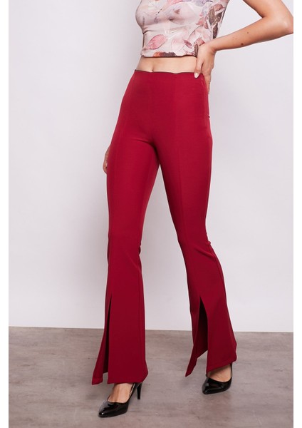 Kadın Yüksek Bel Önü Dikişli Yırtmaçlı Ispanyol Paça Likralı Kumaş Pantolon -Bordo fiyatları