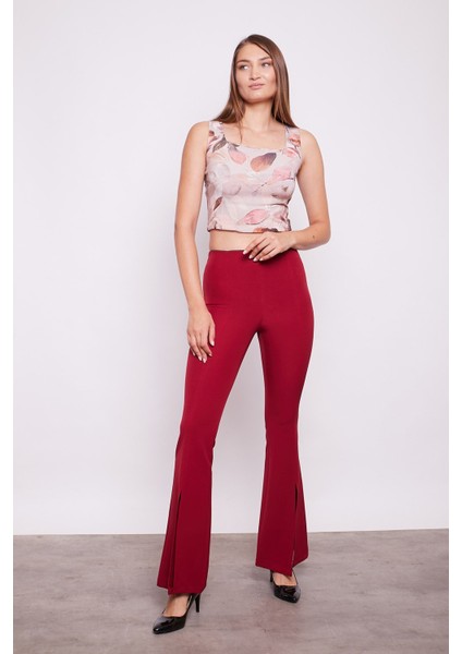 Kadın Yüksek Bel Önü Dikişli Yırtmaçlı Ispanyol Paça Likralı Kumaş Pantolon -Bordo modelleri