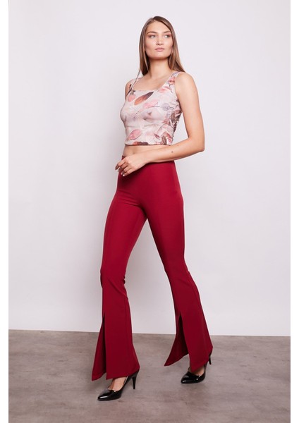 Kadın Yüksek Bel Önü Dikişli Yırtmaçlı Ispanyol Paça Likralı Kumaş Pantolon -Bordo fırsatları