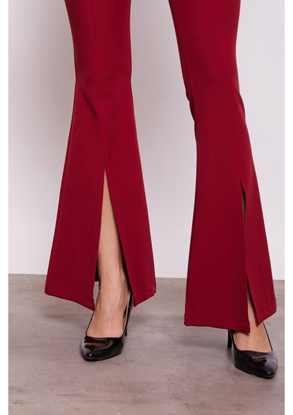 Kadın Yüksek Bel Önü Dikişli Yırtmaçlı Ispanyol Paça Likralı Kumaş Pantolon -Bordo indirimleri