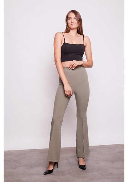 Yüksek Bel Ön Arka Dikişili Ispanyol Paça Tayt Kumaş Pantolon-Haki