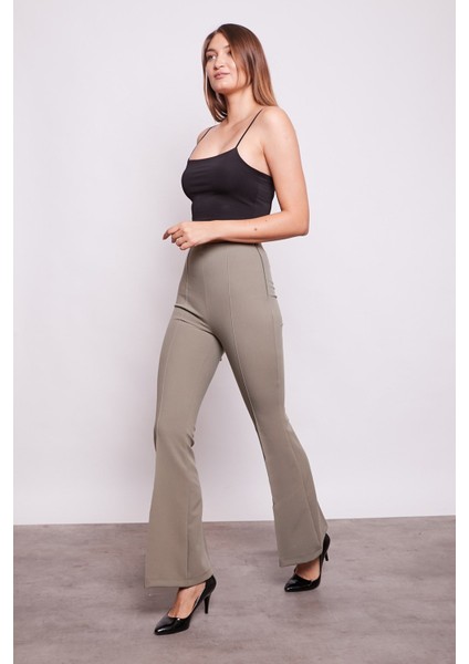 Yüksek Bel Ön Arka Dikişili Ispanyol Paça Tayt Kumaş Pantolon-Haki