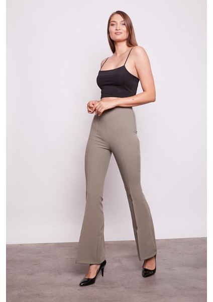Yüksek Bel Ön Arka Dikişili Ispanyol Paça Tayt Kumaş Pantolon-Haki