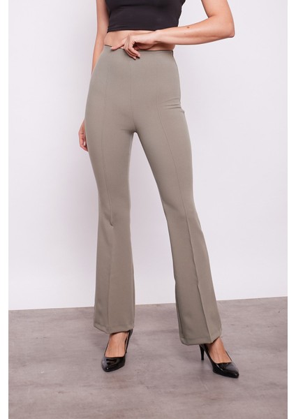 Yüksek Bel Ön Arka Dikişili Ispanyol Paça Tayt Kumaş Pantolon-Haki