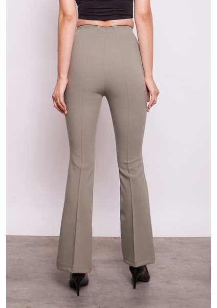 Yüksek Bel Ön Arka Dikişili Ispanyol Paça Tayt Kumaş Pantolon-Haki