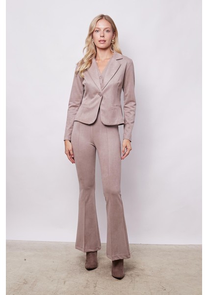 Kadın Kadife Likralı Yumuşak Dokulu Yüksek Bel Ön Arka Dikişli Ispanyol Paça Pantolon-Bej