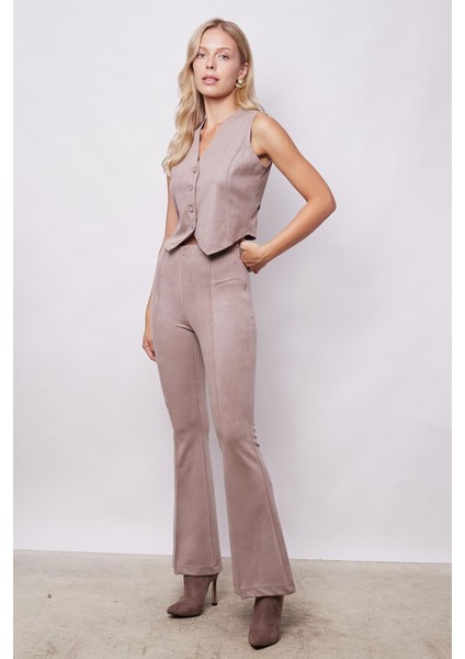 Kadın Kadife Likralı Yumuşak Dokulu Yüksek Bel Ön Arka Dikişli Ispanyol Paça Pantolon-Bej fiyatları