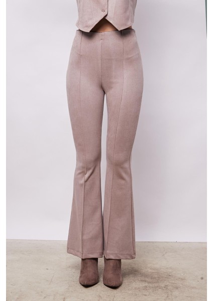 Kadın Kadife Likralı Yumuşak Dokulu Yüksek Bel Ön Arka Dikişli Ispanyol Paça Pantolon-Bej modelleri