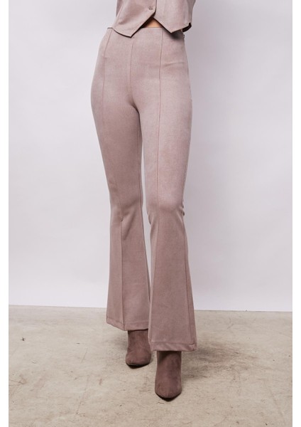 Kadın Kadife Likralı Yumuşak Dokulu Yüksek Bel Ön Arka Dikişli Ispanyol Paça Pantolon-Bej fırsatları