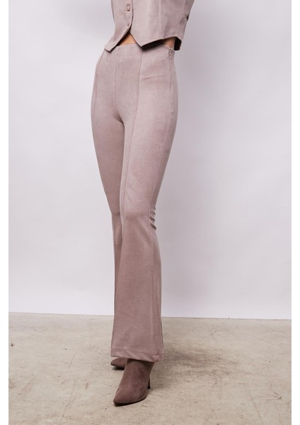 Kadın Kadife Likralı Yumuşak Dokulu Yüksek Bel Ön Arka Dikişli Ispanyol Paça Pantolon-Bej indirimleri