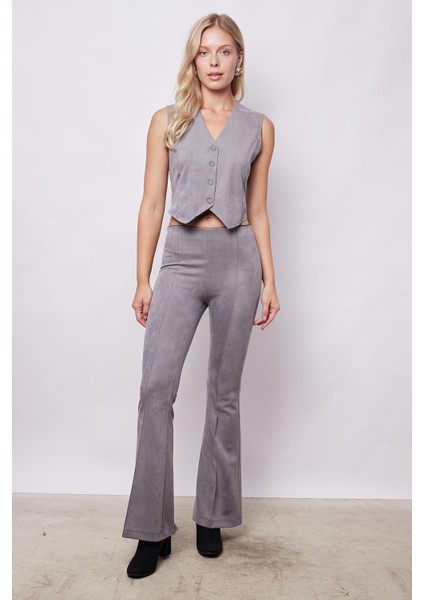 Kadın Kadife Likralı Yumuşak Dokulu Yüksek Bel Ön Arka Dikişli Ispanyol Paça Pantolon-Gri fiyatları