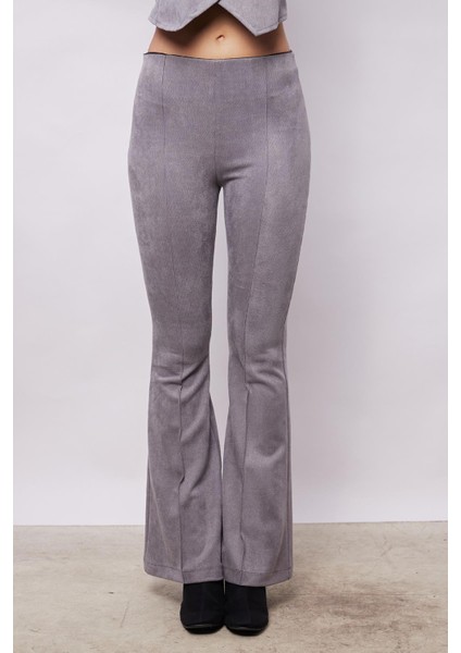 Kadın Kadife Likralı Yumuşak Dokulu Yüksek Bel Ön Arka Dikişli Ispanyol Paça Pantolon-Gri modelleri