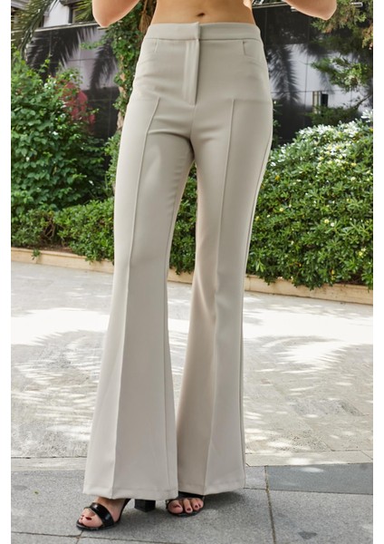 Kadın Yüksek Bel Cepli Ispanyol Paça Önü Dikişli Hafif Likralı Kumaş Pantolon(Ceket Kodu Jument 30080)-TAŞ