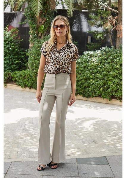 Kadın Yüksek Bel Cepli Ispanyol Paça Önü Dikişli Hafif Likralı Kumaş Pantolon(Ceket Kodu Jument 30080)-TAŞ modelleri