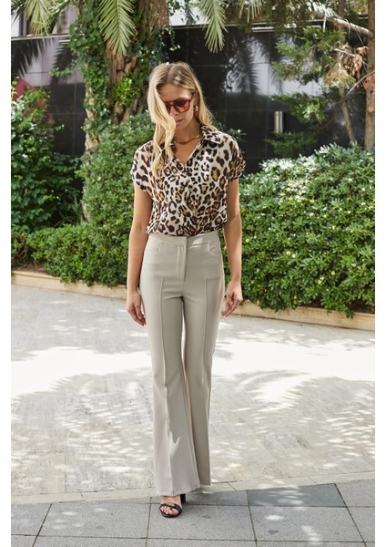 Kadın Yüksek Bel Cepli Ispanyol Paça Önü Dikişli Hafif Likralı Kumaş Pantolon(Ceket Kodu Jument 30080)-TAŞ fırsatları