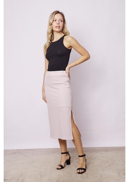 Kadın Delikli Likralı Kumaş Dantel Yüksek Bel Beli Lastikli Yırtmaçlı Midi Boy Iç Astarlı Kalem Etek-Taş modelleri