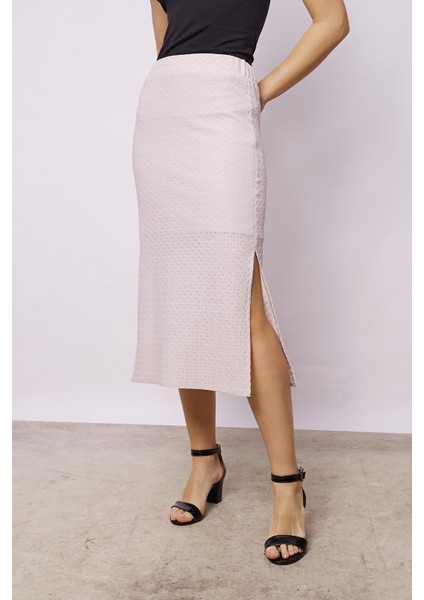 Kadın Delikli Likralı Kumaş Dantel Yüksek Bel Beli Lastikli Yırtmaçlı Midi Boy Iç Astarlı Kalem Etek-Taş fırsatları