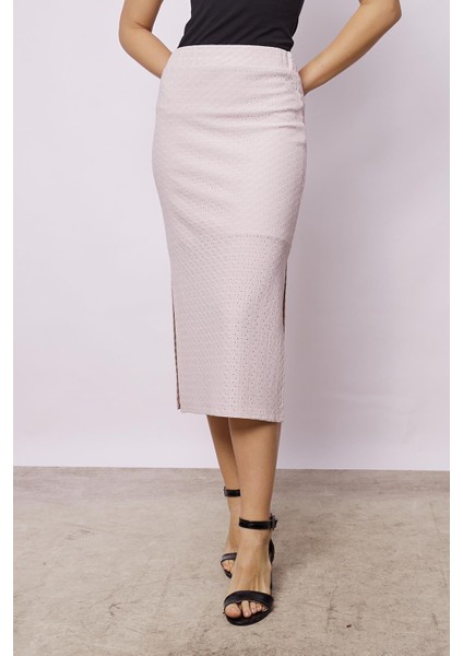 Kadın Delikli Likralı Kumaş Dantel Yüksek Bel Beli Lastikli Yırtmaçlı Midi Boy Iç Astarlı Kalem Etek-Taş indirimleri