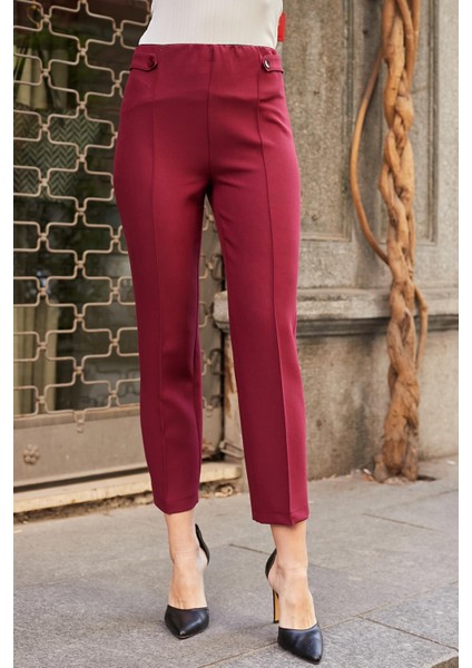 Kadın Yüksek Bel Önü Dikişli Beli Apoletli Düğmeli Boru Paça Hafif Likralı Kumaş Pantolon-Bordo fiyatları