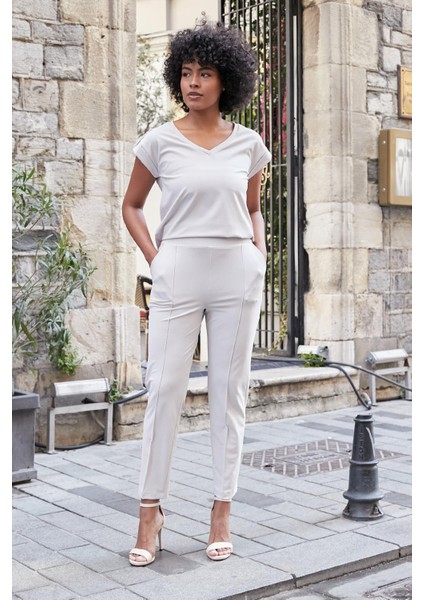 Kadın Modal Ipeksi Likralı Kumaş Yüksek Bel Önden Dikişli Cepli Dar Paça Pantolon-Taş