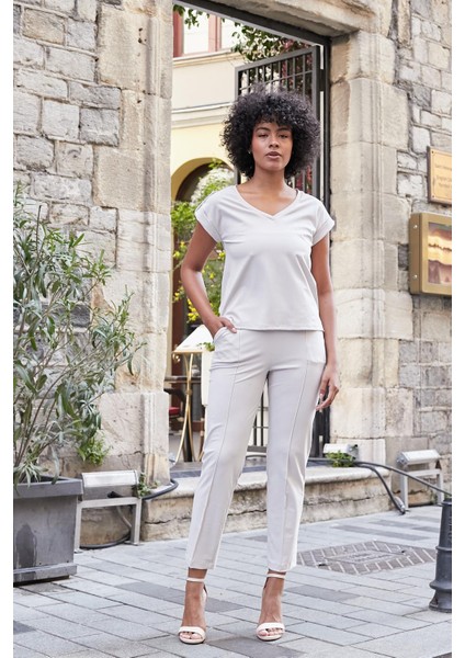 Kadın Modal Ipeksi Likralı Kumaş Yüksek Bel Önden Dikişli Cepli Dar Paça Pantolon-Taş