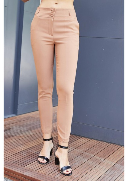 Yüksek Bel Kalın Kemerli Cepli Dar Paça Bilek Boy Pamuklu Likralı Kumaş Pantolon - Camel