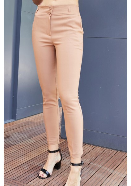 Yüksek Bel Kalın Kemerli Cepli Dar Paça Bilek Boy Pamuklu Likralı Kumaş Pantolon - Camel fiyatları