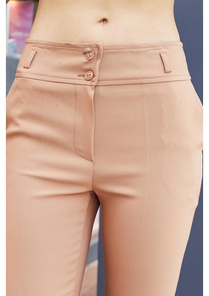 Yüksek Bel Kalın Kemerli Cepli Dar Paça Bilek Boy Pamuklu Likralı Kumaş Pantolon - Camel indirimleri