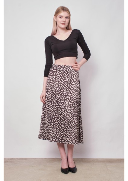 Kadın Desenli Likrasız Saten Kumaş Yüksek Bel Uzun Çan Etek-Leopar
