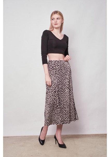 Kadın Desenli Likrasız Saten Kumaş Yüksek Bel Uzun Çan Etek-Leopar modelleri