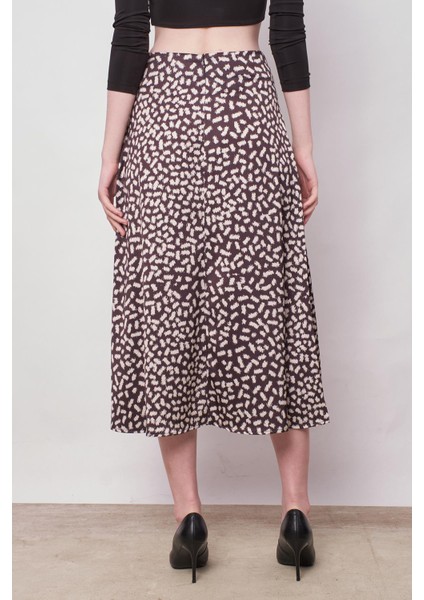 Kadın Desenli Likrasız Saten Kumaş Yüksek Bel Uzun Çan Etek-Leopar indirimleri