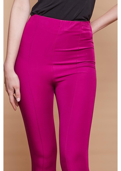 Likralı Kumaş Yüksek Bel Ön Arka Dikişli Dar Paça Tayt Pantolon-Magenta modelleri