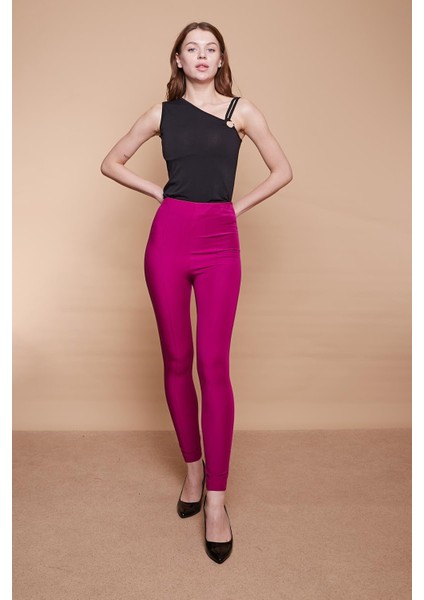 Likralı Kumaş Yüksek Bel Ön Arka Dikişli Dar Paça Tayt Pantolon-Magenta fırsatları