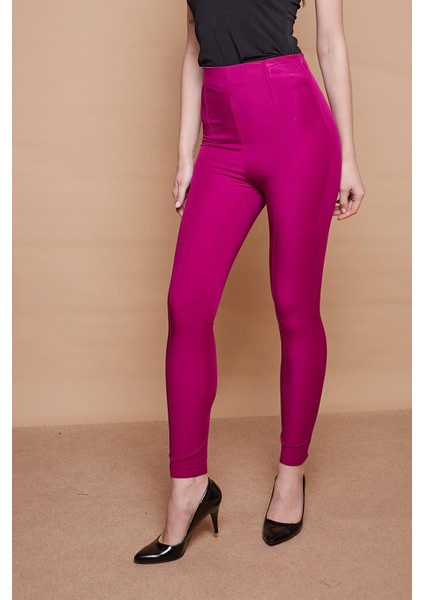 Likralı Kumaş Yüksek Bel Ön Arka Dikişli Dar Paça Tayt Pantolon-Magenta indirimleri