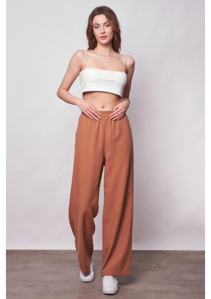 Keten Yüksek Bel Beli Lastikli Yan Cepli Bol Paça Pantolon -Camel