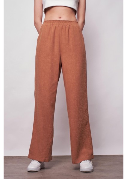 Keten Yüksek Bel Beli Lastikli Yan Cepli Bol Paça Pantolon -Camel